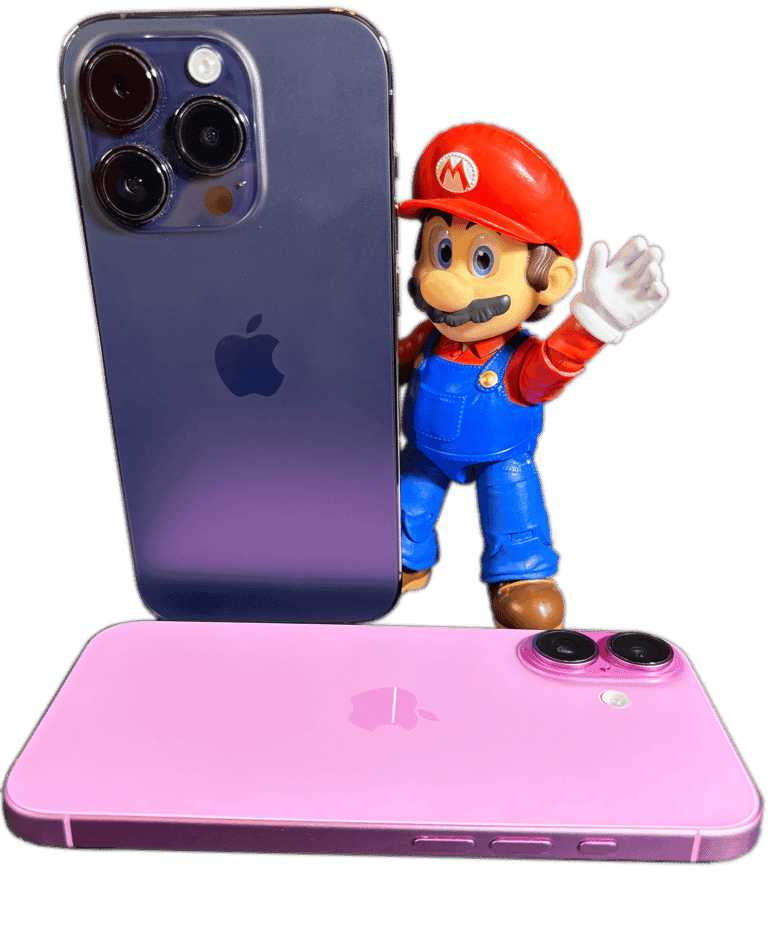 A Mario figure waving beside two iPhones